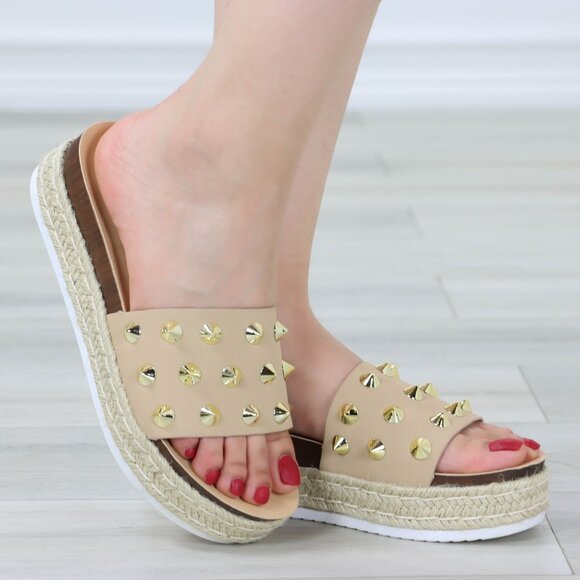 Beige Platform Sandals Gold Studded Slip On Braided Jute Sole Open Toe - Picture 2 of 12